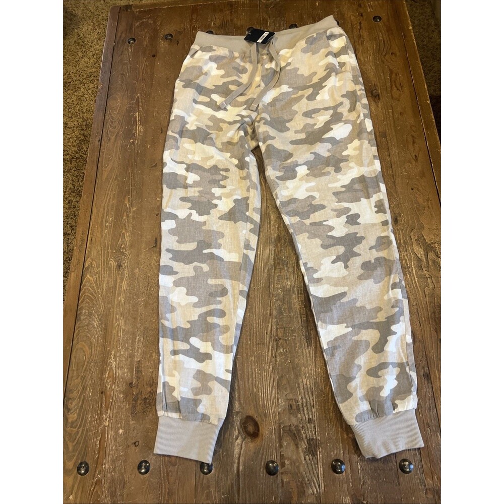 Lucky Brand Women’s S Camo Jogger Pants Beige Gray Drawstring Linen Blend New